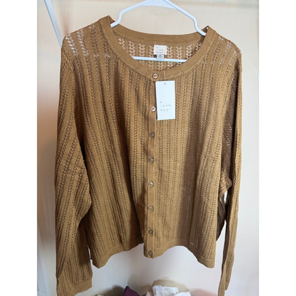 A New Day Womens 3X Brown Pointelle Knit Button Front Cardigan Sweater NWT